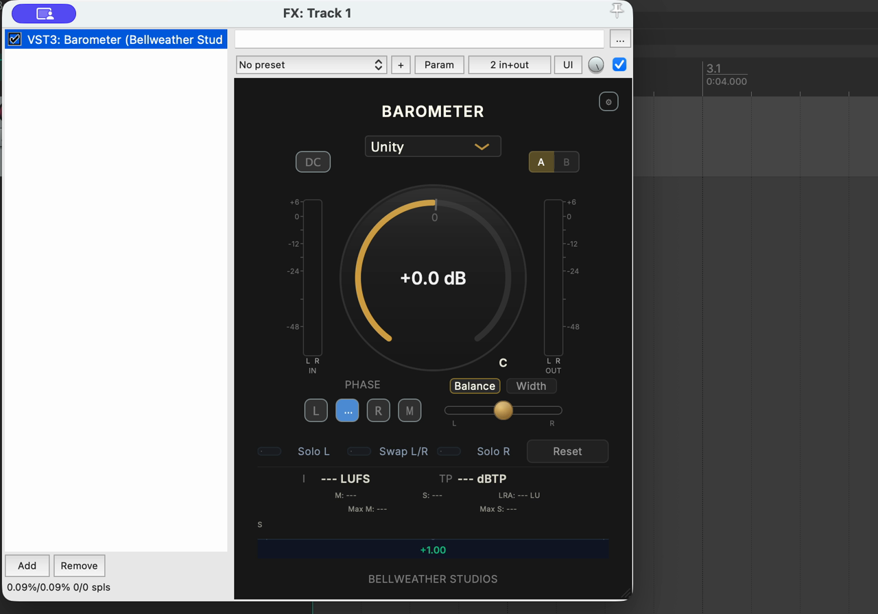 Barometer 1.4.0 loaded as a VST3 in REAPER on macOS