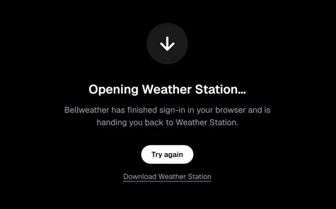 Browser handoff page showing Opening Weather Station and a Try again button