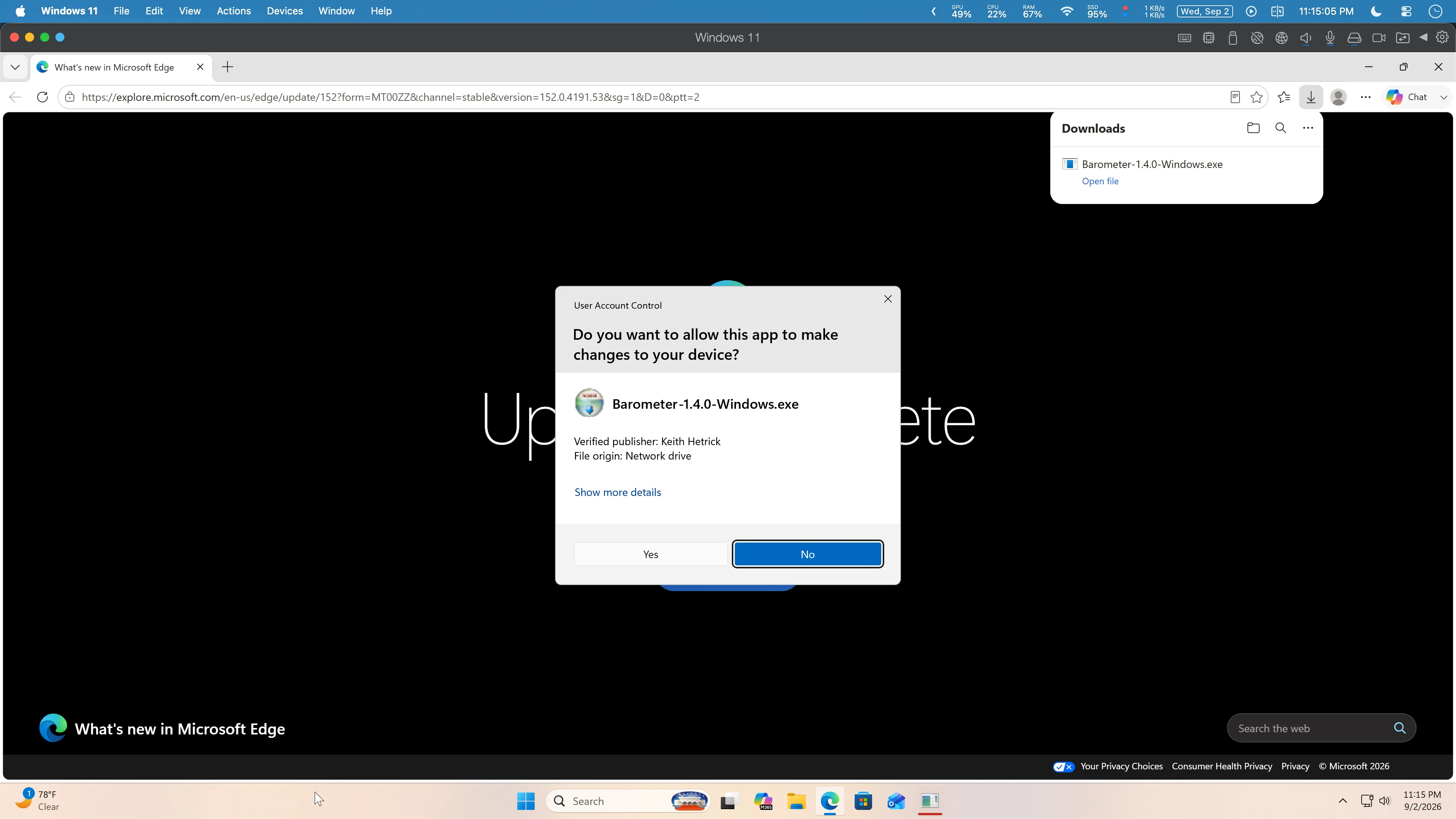 Windows User Account Control showing Keith Hetrick as verified publisher
