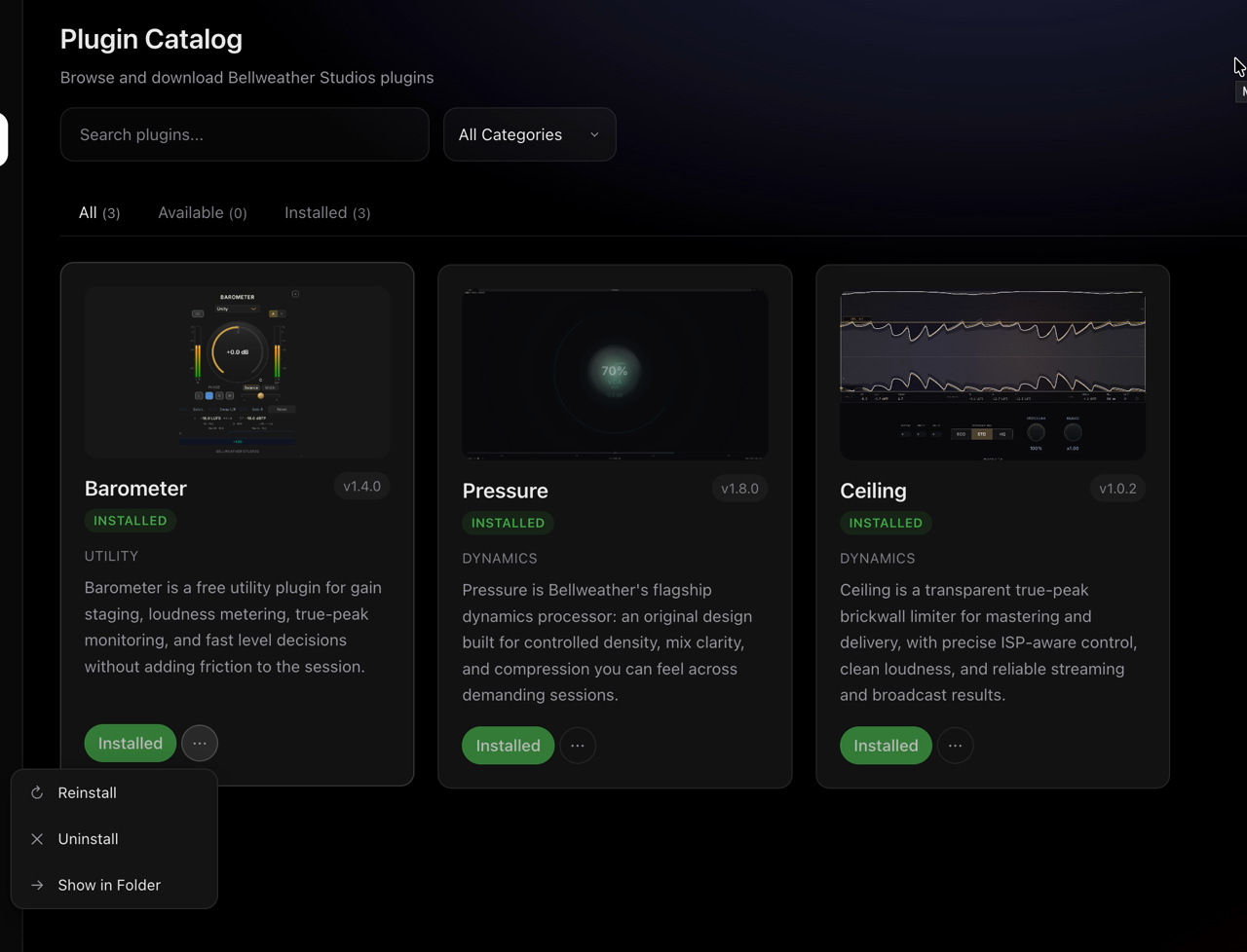 Weather Station catalog with three installed plugins and Barometer's Reinstall menu