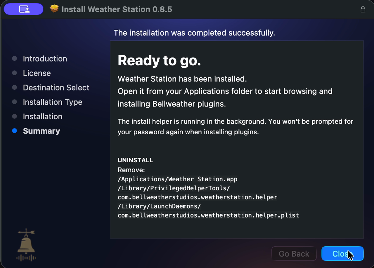 Weather Station 0.8.5 macOS package installer showing successful completion